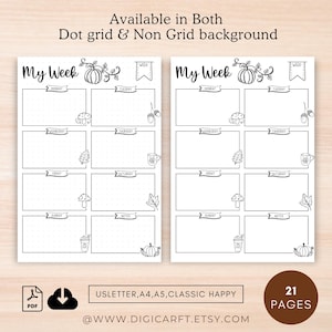 May include: Printable weekly planner with a fall theme. The planner has a pumpkin, leaves, and mushrooms. The planner is available in both dot grid and non-grid backgrounds. The text "My Week" is at the top of the planner. The planner is available in US Letter, A4, A5, and Classic Happy sizes. The planner has 21 pages.