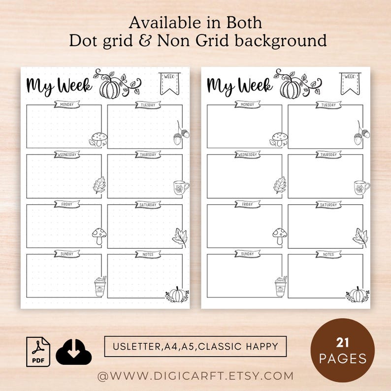 May include: Printable weekly planner with a fall theme. The planner has a pumpkin, leaves, and mushrooms. The planner is available in both dot grid and non-grid backgrounds. The text "My Week" is at the top of the planner. The planner is available in US Letter, A4, A5, and Classic Happy sizes. The planner has 21 pages.