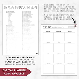 K&ouml;nnte beinhalten: Eine digitale Planerseite mit einem Jahreskalender und einem Index. Der Index listet verschiedene Finanz-Tracker, Budgettabellen und Spar-Challenges auf. Der Text "Hyperlinked Index Page" und "Digital Planner Also Available" sind ebenfalls sichtbar.