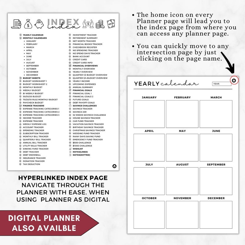 K&ouml;nnte beinhalten: Eine digitale Planerseite mit einem Jahreskalender und einem Index. Der Index listet verschiedene Finanz-Tracker, Budgettabellen und Spar-Challenges auf. Der Text "Hyperlinked Index Page" und "Digital Planner Also Available" sind ebenfalls sichtbar.