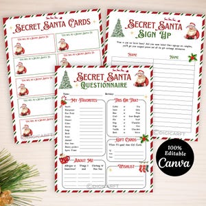 Könnte beinhalten: Ein Satz druckbarer Secret Santa-Formulare mit festlichem Weihnachtsthema. Die Formulare umfassen Karten, eine Anmeldeseite und einen Fragebogen. Jedes Blatt hat einen rot-grünen Rand mit Weihnachtsmann-Illustrationen und dem Text "Secret Santa".