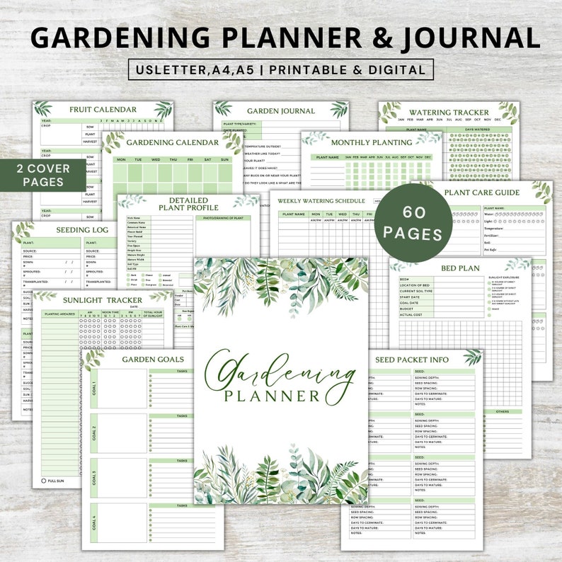 K&ouml;nnte beinhalten: Ein druckbarer Gartenplaner und -tagebuch mit 60 Seiten. Das Cover zeigt ein Aquarelldesign mit gr&uuml;nen Bl&auml;ttern und dem Text "Gardening Planner". Die Seiten beinhalten Abschnitte f&uuml;r einen Obstkalender, einen Gartenkalender, ein Gartentagebuch, eine monatliche Pflanzung, eine Bew&auml;sserungstabelle, einen Pflanzenpflegeleitfaden, ein detailliertes Pflanzenprofil, einen w&ouml;chentlichen Bew&auml;sserungsplan, ein Saatgutprotokoll, einen Sonnenlichttracker, Gartenziele, Informationen &uuml;ber Saatgutpakete und einen Beetplan.