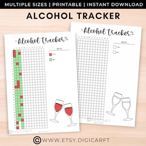 Página imprimible del diario de seguimiento del consumo de alcohol, desafío diario sin alcohol, seguimiento de hábitos de alimentación saludable, inserción de diario digital anual, páginas Bujo A5