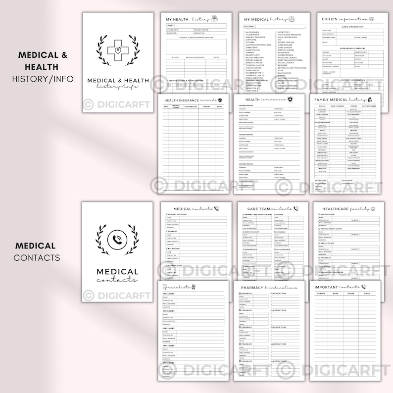 Family medical binder printable,healthcare planner printable,Medical Planner Bundle,Health Binder,doctor visit notes,family medical history, Patient medical tracker, Medicine tracker, Vitamins tracker, Supplement tracker, First aid kit checklist, Hospital bag checklist, Periods tracker, Daily pain tracker, Sleep tracker page, Daily health log, Weekly health log