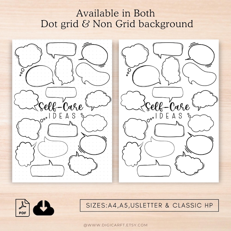 May include: Printable self-care ideas list with 20 speech bubbles on a white background. The text "Self-Care Ideas" is written in the center of the page. The page is available in both dot grid and non-grid backgrounds.
