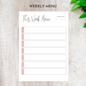 May include: A printable weekly menu planner with the text "This Week Menu" at the top. The planner has spaces to write in the meals for each day of the week, Monday through Sunday.