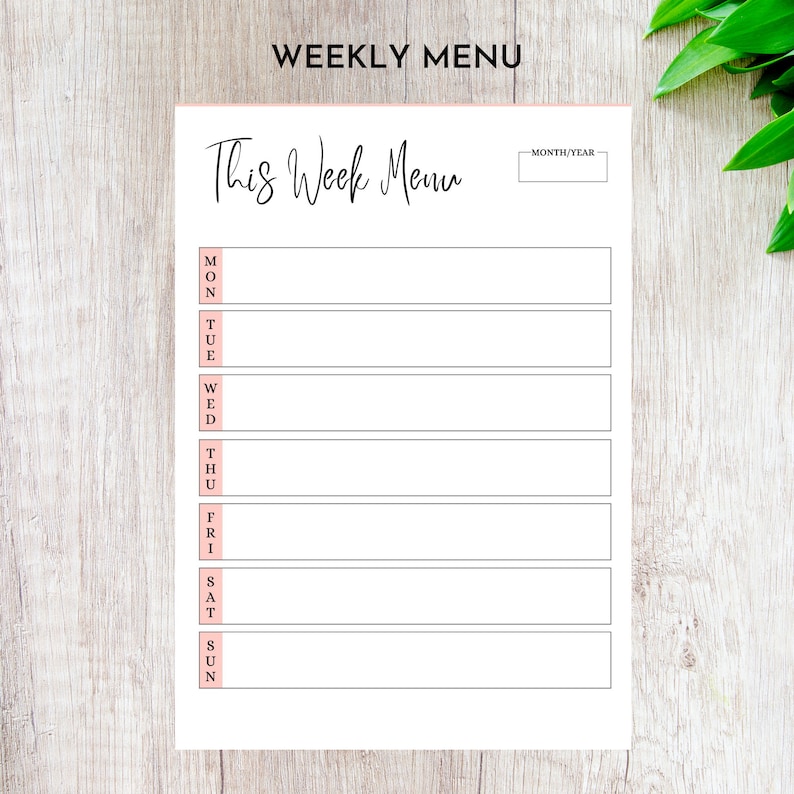 May include: A printable weekly menu planner with the text "This Week Menu" at the top. The planner has spaces to write in the meals for each day of the week, Monday through Sunday.