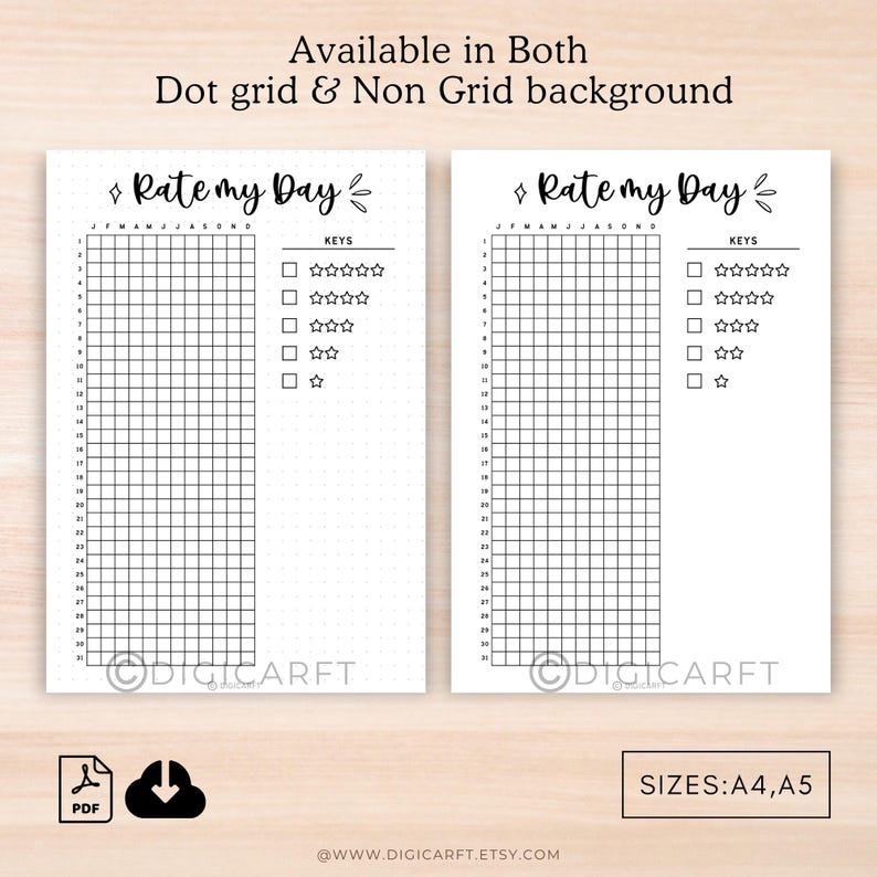 Rate my day tracker journal pages printable,Rate my day planner template Digital,Day rating Bullett journal pixel,Yearly A5 journal insert