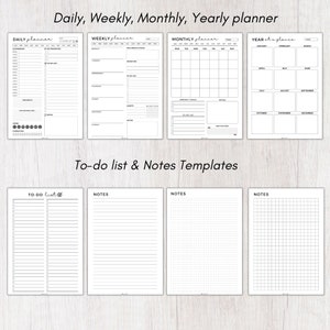 Peut inclure: Pages de planificateur imprimables en noir et blanc avec des sections pour la planification quotidienne, hebdomadaire, mensuelle et annuelle. Les pages comprennent &eacute;galement des listes de t&acirc;ches et des mod&egrave;les de notes.
