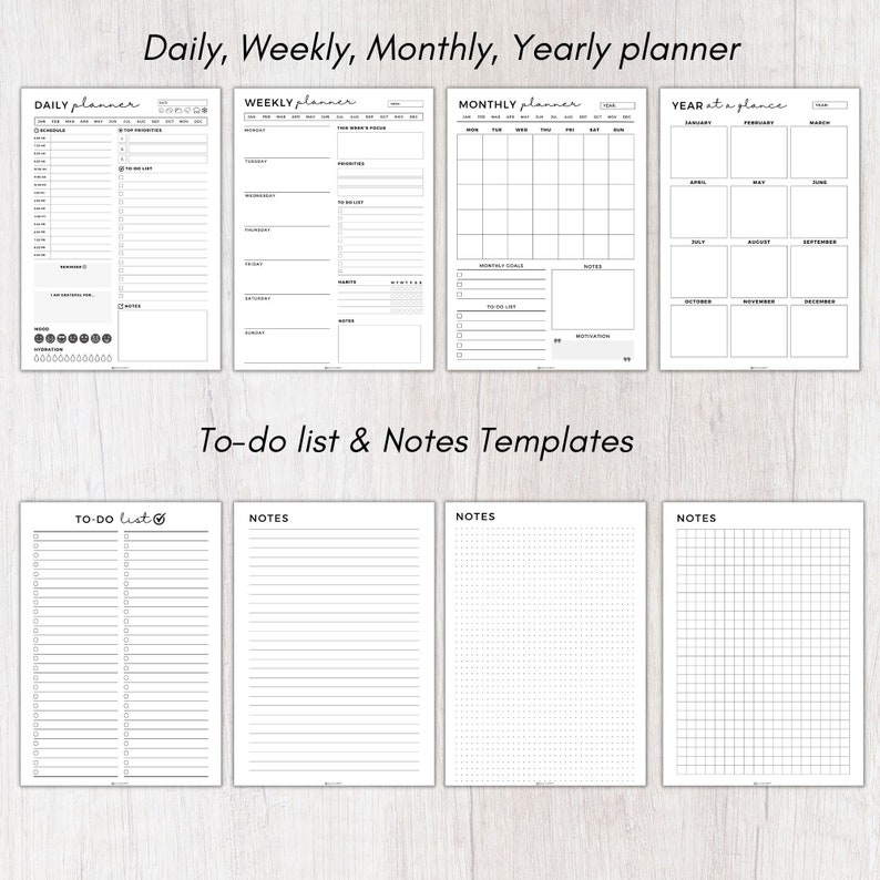 Peut inclure: Pages de planificateur imprimables en noir et blanc avec des sections pour la planification quotidienne, hebdomadaire, mensuelle et annuelle. Les pages comprennent &eacute;galement des listes de t&acirc;ches et des mod&egrave;les de notes.