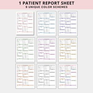 May include: Nine printable patient report sheets with different color schemes. Each sheet has sections for patient information, medical history, medications, and vital signs.