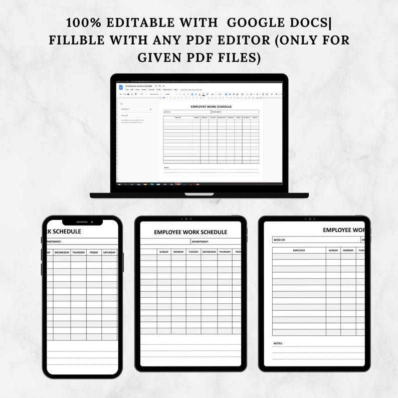 May include: Three black and white printable employee work schedule templates. The templates are designed for use with Google Docs and PDF editors. The templates include columns for days of the week, time slots, and employee names.