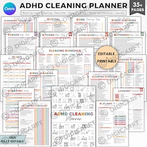 ADHD cleaning planner bundle pdf editable canva,Home cleaning schedule,Weekly,Monthly,Yearly Cleaning Checklist,Declutter,Family Chore Chart