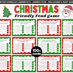 May include: A Christmas Friendly Feud game set featuring twelve printable cards with survey questions and point values. The design includes red and green scalloped borders, a Christmas tree, and a Santa Claus illustration with the text 100+ cards.