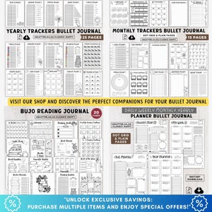 Puede incluir: Un collage de p&aacute;ginas de bullet journal imprimibles para planificar, hacer un seguimiento y leer. Las p&aacute;ginas son en blanco y negro y presentan una variedad de dise&ntilde;os, que incluyen cuadr&iacute;culas de puntos, p&aacute;ginas lisas e ilustraciones de libros y flores. El texto "UNLOCK EXCLUSIVE SAVINGS: PURCHASE MULTIPLE ITEMS AND ENJOY SPECIAL OFFERS!" est&aacute; en la parte inferior de la imagen.