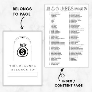 K&ouml;nnte beinhalten: Schwarz-wei&szlig; Planerseite mit dem Text &bdquo;BELONGS TO PAGE&ldquo; und &bdquo;THIS PLANNER BELONGS TO:&ldquo;. Die Seite enth&auml;lt eine Geldsack-Grafik und ein Inhaltsverzeichnis mit Finanz-Tracking-Kategorien.