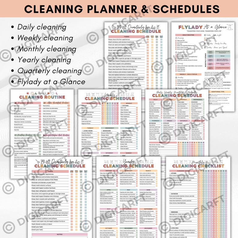 K&ouml;nnte beinhalten: Eine Sammlung druckbarer Reinigungsplaner und -pl&auml;ne. Die Designs umfassen t&auml;gliche, w&ouml;chentliche, monatliche, j&auml;hrliche und viertelj&auml;hrliche Reinigungspl&auml;ne sowie eine Reinigungscheckliste und eine Reinigungsroutine. Der Text oben lautet "CLEANING PLANNER & SCHEDULES."