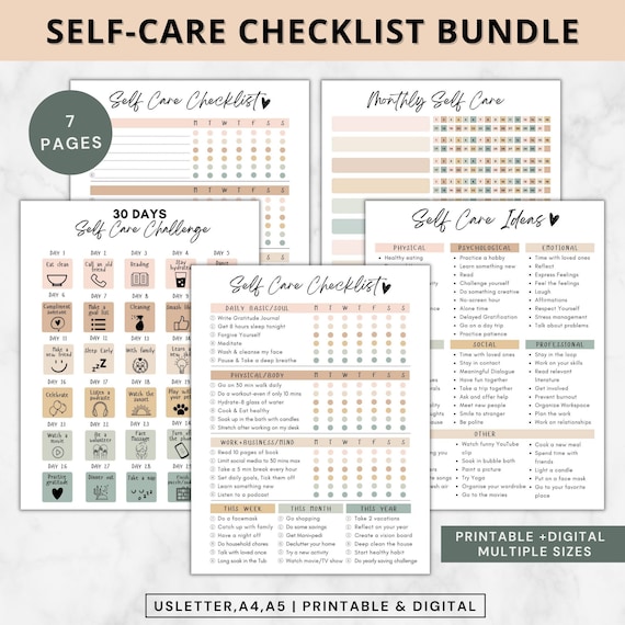Self care checklist bundle printable,Daily ,editable self-care planner,Selfcare Journal Tracker,30 days self care challenge,mindfulness log