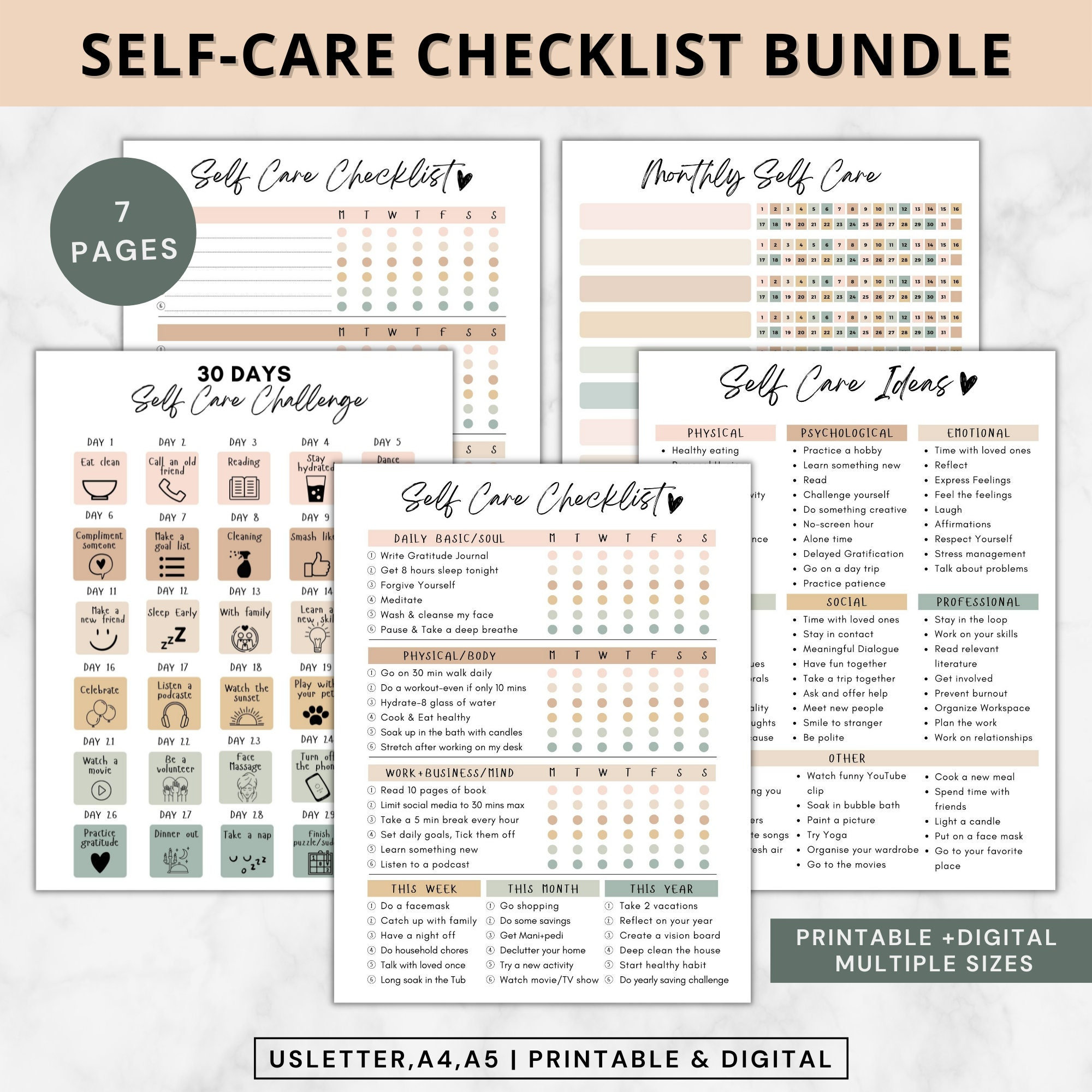 Self Care Planner Wellness Journal Checklist Printable – JennaKate