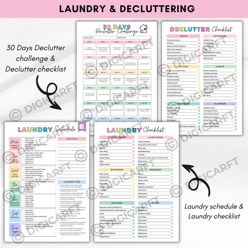 K&ouml;nnte beinhalten: Eine Sammlung druckbarer Checklisten und Zeitpl&auml;ne f&uuml;r W&auml;sche und Entr&uuml;mpelung. Enth&auml;lt eine 30-Tage-Entr&uuml;mpelungs-Challenge, einen W&auml;scheplan und eine Entr&uuml;mpelungs-Checkliste f&uuml;r verschiedene R&auml;ume.