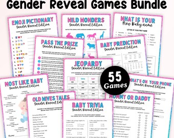 Gender reveal games bundle,Gender reveal party games printable,Gender reveal trivia,Boy or girl guess and name suggestions,Baby shower games