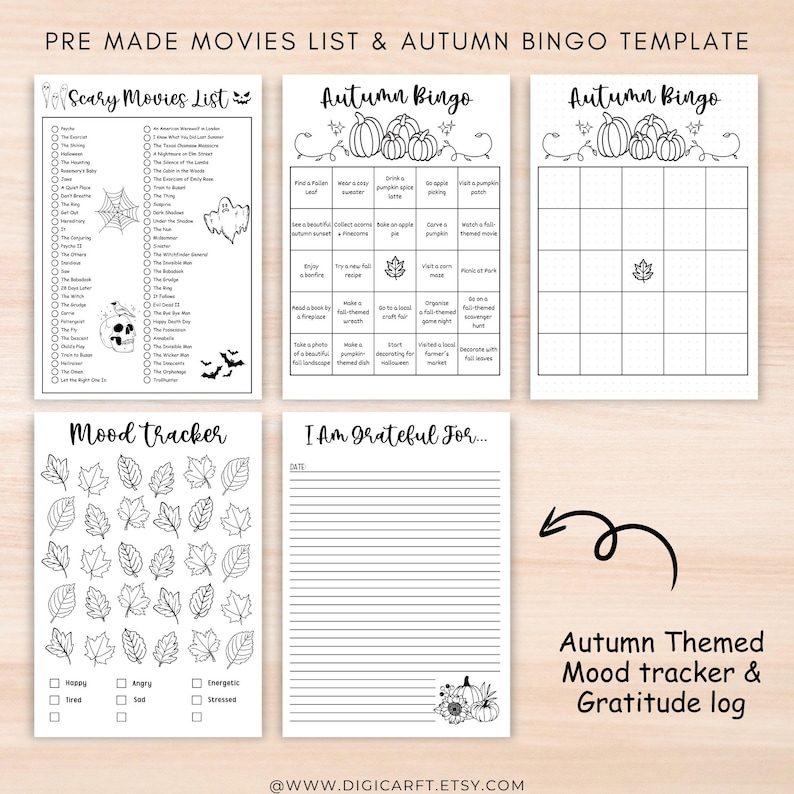 May include: A printable set of black and white autumn themed printables. The set includes a scary movie list, two autumn bingo cards, a mood tracker, and a gratitude log. The mood tracker features a grid of leaves to color in and a section to check off how you are feeling. The gratitude log has a space for the date and lined paper to write on.