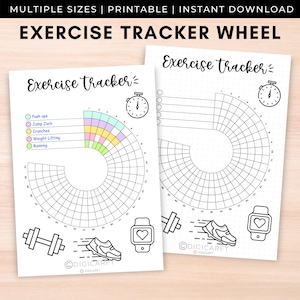Maandelijkse oefening kleurtracker, afdrukbaar dagboek workout tracker, trainingswiel A5 Bujo-sjabloon, Bullet Journal invoegen, maandelijkse spreads a4