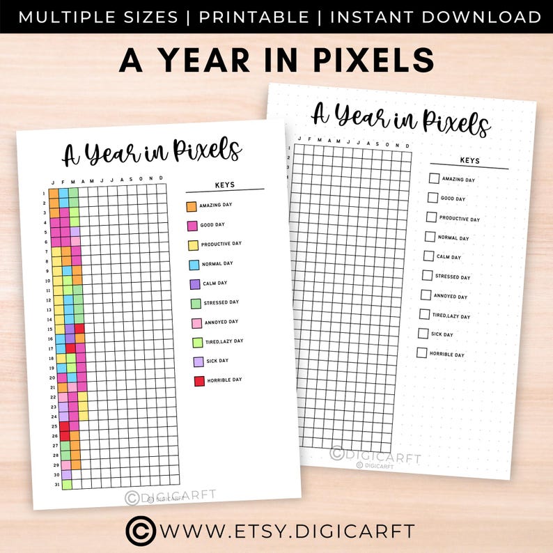A year in pixels tracker, Yearly review journal, Printable mood tracker, Color-coded year chart, Bullet journal templates, Pre-made yearly journal, A5 digital planner