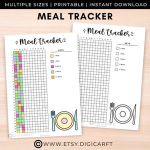 May include: Two printable meal tracker sheets. The sheets have a grid for tracking meals, a key with color-coded meal indicators, and a plate, fork, and knife graphic. The text "Meal Tracker" is at the top of each sheet.