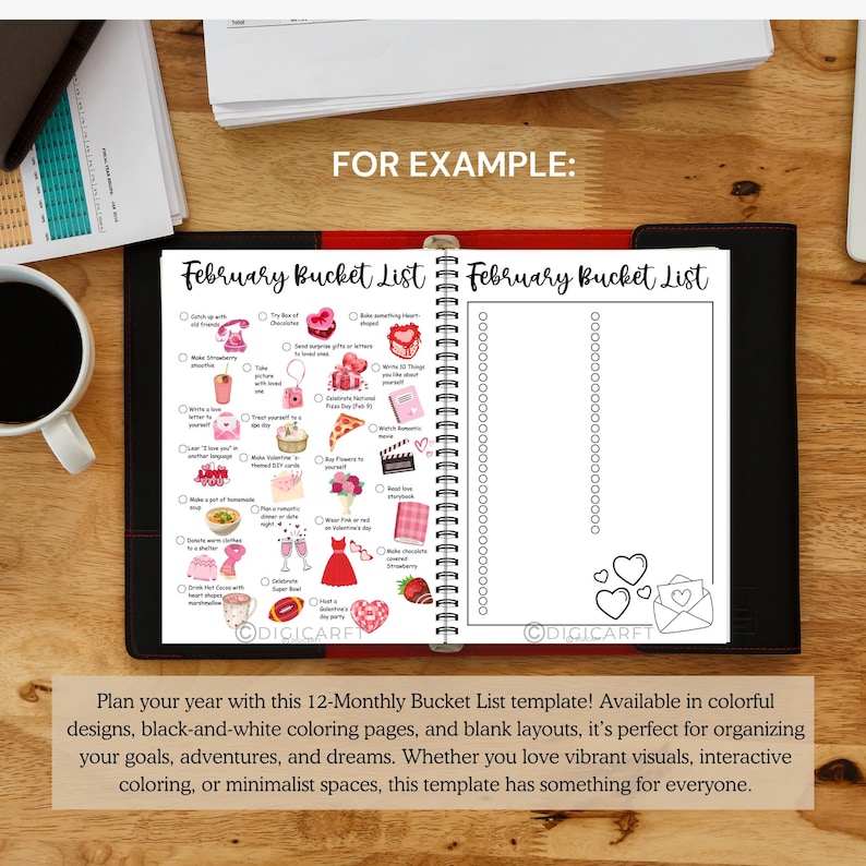 12 monthly bucket list bullet journal bundle,Monthly to do list template a4,Autumn,Fall,Holiday,Christmas bucket list fillable,bujo pages A5
