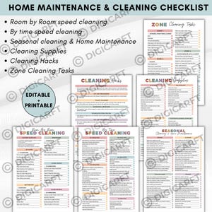 K&ouml;nnte beinhalten: Eine druckbare Checkliste f&uuml;r die Hauswartung und Reinigung mit verschiedenen Abschnitten, darunter Raum-f&uuml;r-Raum-Schnellreinigung, Reinigungstricks und saisonale Reinigungsaufgaben. Die Checkliste ist editierbar und druckbar.