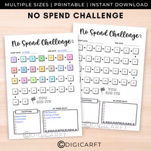 Op de afbeelding: Een printbare No Spend Challenge-tracker met een kleurrijk kalenderrooster en een checklist voor uitzonderingen en geen uitgavenregels. Het kalenderrooster heeft een finishlijn aan het einde met de tekst "You Did It!"