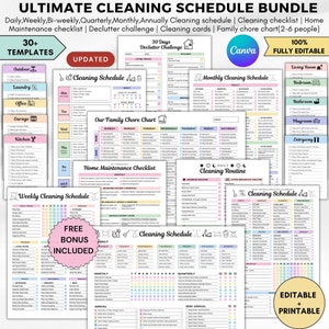 Ultieme bundel met schoonmaakschema's bewerkbaar, schoonmaakplannerbundel a4, wekelijkse, maandelijkse, jaarlijkse schoonmaakchecklist, opruimen, schema voor het hele gezin