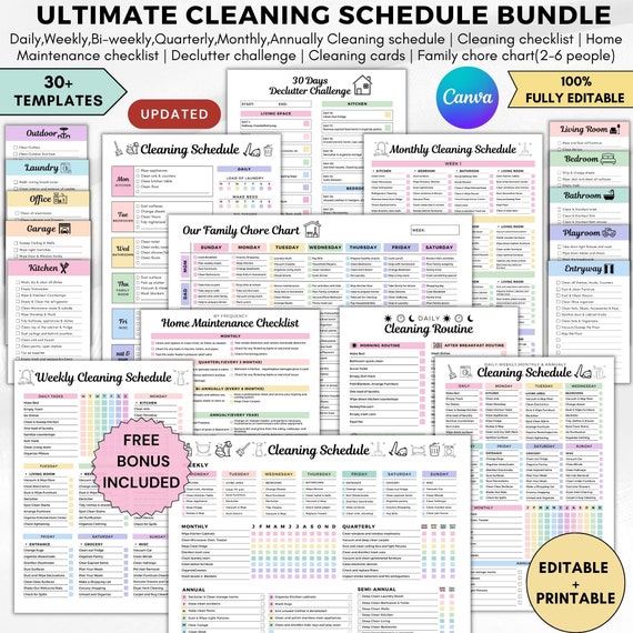 Ultimate cleaning schedule bundle editable,Cleaning Planner Bundle a4,Weekly,Monthly,Yearly Cleaning Checklist,Declutter,Family Chore Chart