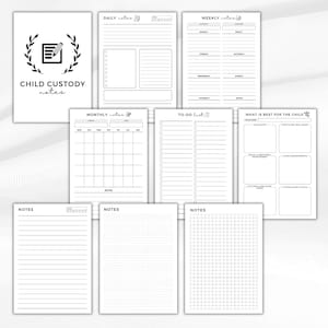 May include: A collection of white paper note sheets with black text. The cover reads "CHILD CUSTODY notes" with a pen and leaf design. Includes daily, weekly, monthly, and to-do list templates, plus note pages.