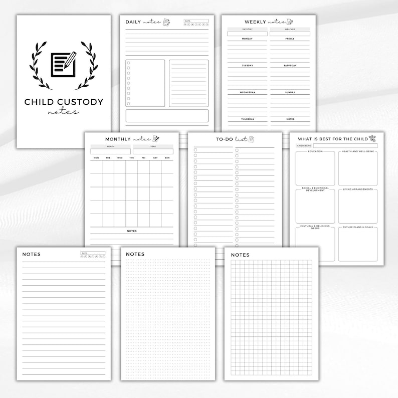May include: A collection of white paper note sheets with black text. The cover reads "CHILD CUSTODY notes" with a pen and leaf design. Includes daily, weekly, monthly, and to-do list templates, plus note pages.