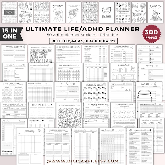 ADHD planner bundle for adults printable a4,Ultimate Life planner,Productivity goalplanner,selfcare fitness personal 2026 journal inserts a5