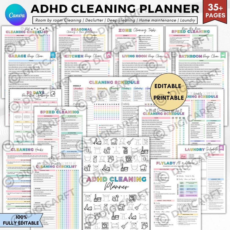 K&ouml;nnte beinhalten: ADHS-Reinigungsplaner mit &uuml;ber 35 Seiten. Enth&auml;lt Checklisten f&uuml;r die Reinigung von Raum zu Raum, Entr&uuml;mpelung, Tiefenreinigung, Hauswartung und W&auml;sche. Der Planer ist vollst&auml;ndig editierbar und druckbar.