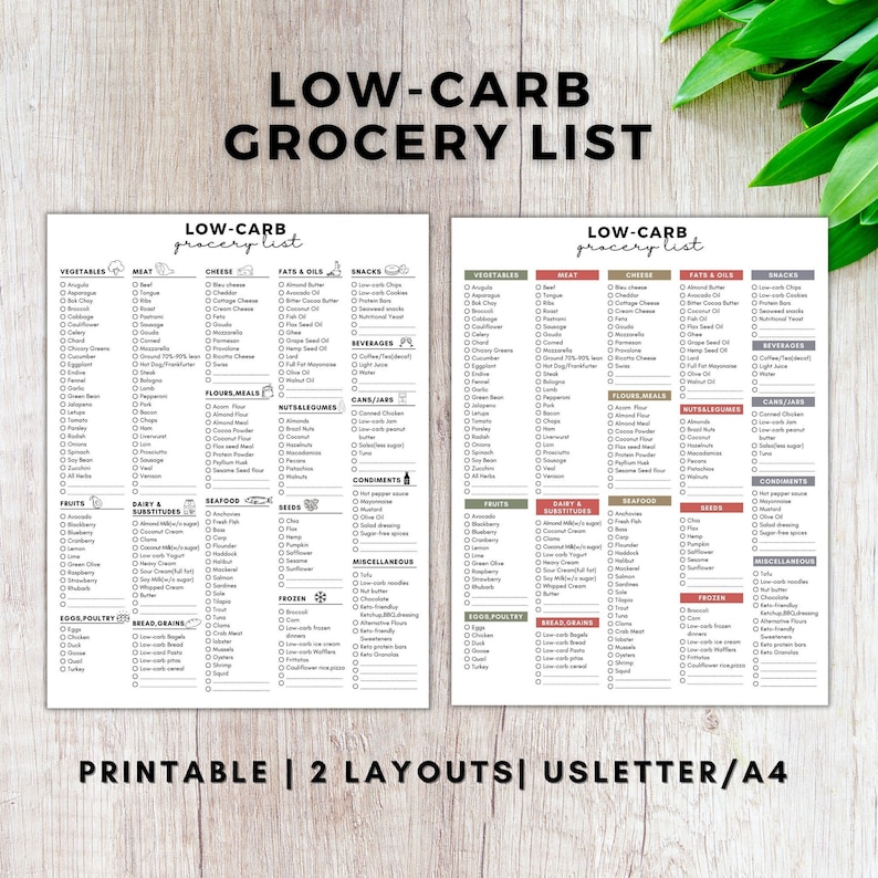 May include: A printable grocery list with two different layouts for low-carb diets. The list includes categories for vegetables, meat, cheese, fats and oils, snacks, beverages, flours and meals, nuts and seeds, condiments, seafood, frozen foods, and miscellaneous items.