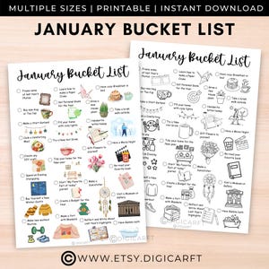 May include: A printable January bucket list with illustrations of activities to do in January, such as making a paper crane, taking a brisk walk outside, and having a movie night. The list is divided into two columns and includes a variety of activities for all interests.