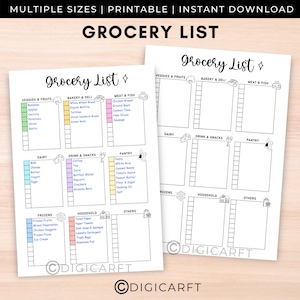 May include: A printable grocery list template with two pages. The template is divided into categories such as veggies & fruits, bakery & deli, meat & fish, dairy, drink & snacks, pantry, frozen, household, and others. Each category has a small icon next to it.