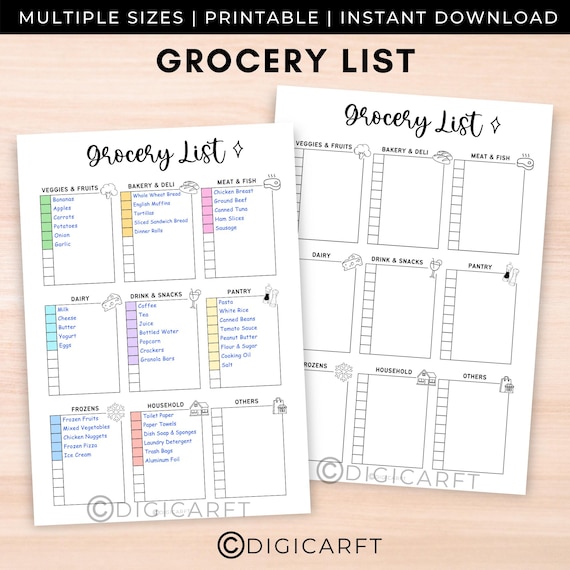Blank Grocery list sheet,Printable grocery pages blank,A5 bujo page,grocery list a4 digital,Grocery Shopping checklist,Food Shopping Lists