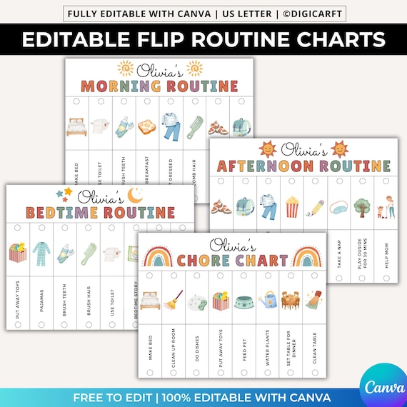 Kids Routine flip chart editable,morning bedtime routine chart,Daily routine chart toddler boy,flip routine charts,Kids visual chore chart