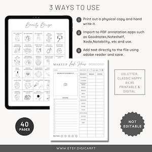 May include: Black and white printable planner with a beauty bingo card, makeup look ideas, and a makeup example section. The planner includes a section for weather, product, brand, and shade. The planner is 40 pages and is not editable.