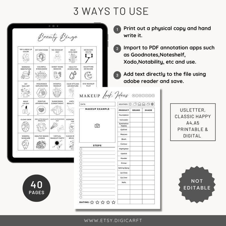 May include: Black and white printable planner with a beauty bingo card, makeup look ideas, and a makeup example section. The planner includes a section for weather, product, brand, and shade. The planner is 40 pages and is not editable.