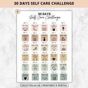 Pode incluir: Um desafio de autocuidado de 30 dias imprim&iacute;vel com atividades di&aacute;rias, como comer de forma saud&aacute;vel, ligar para um velho amigo, ler, manter-se hidratado, dan&ccedil;ar, elogiar algu&eacute;m, fazer uma lista de objetivos, limpar, ganhar curtidas, tomar um banho quente, fazer um novo amigo, dormir cedo, passar tempo com a fam&iacute;lia, aprender uma nova habilidade, fazer ioga, celebrar, ouvir um podcast, assistir ao p&ocirc;r do sol, brincar com um animal de estima&ccedil;&atilde;o, sentar-se na natureza, assistir a um filme, fazer voluntariado, fazer uma massagem facial, desligar o telefone, comer um cupcake, praticar a gratid&atilde;o, jantar fora, tirar uma soneca, terminar um quebra-cabe&ccedil;a ou sudoku, e escrever em um di&aacute;rio.