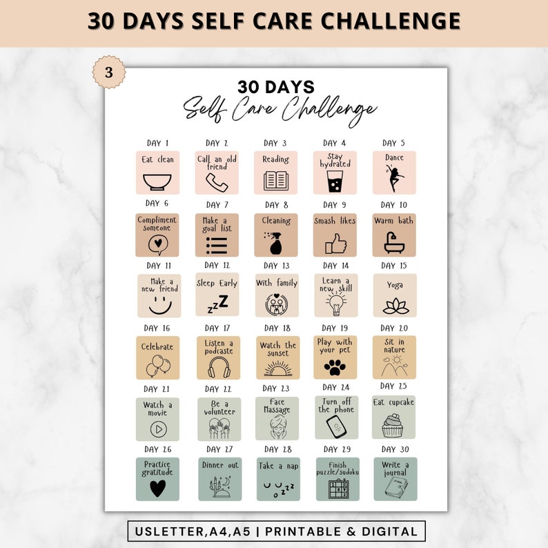 Pode incluir: Um desafio de autocuidado de 30 dias imprim&iacute;vel com atividades di&aacute;rias, como comer de forma saud&aacute;vel, ligar para um velho amigo, ler, manter-se hidratado, dan&ccedil;ar, elogiar algu&eacute;m, fazer uma lista de objetivos, limpar, ganhar curtidas, tomar um banho quente, fazer um novo amigo, dormir cedo, passar tempo com a fam&iacute;lia, aprender uma nova habilidade, fazer ioga, celebrar, ouvir um podcast, assistir ao p&ocirc;r do sol, brincar com um animal de estima&ccedil;&atilde;o, sentar-se na natureza, assistir a um filme, fazer voluntariado, fazer uma massagem facial, desligar o telefone, comer um cupcake, praticar a gratid&atilde;o, jantar fora, tirar uma soneca, terminar um quebra-cabe&ccedil;a ou sudoku, e escrever em um di&aacute;rio.