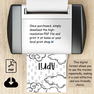 Puede incluir: Un rastreador imprimible "Aplicar" con un lindo dise&ntilde;o de nubes y gotas de lluvia. El rastreador es una descarga digital en formato PDF, lo que permite su uso repetido.