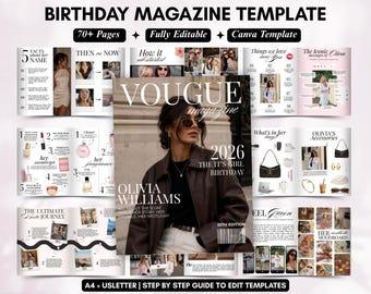 Personalised Birthday Magazine Template,Birthday Gift for best friend birthday girl,Vogue style magazine birthday,Editable magazine canva