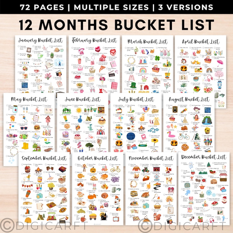 Monthly bucket list planner, 12-month bullet journal bundle, Autumn-themed bucket list, Fall activities planner, Holiday to-do list template, Christmas bucket list printable, Fillable seasonal bucket list